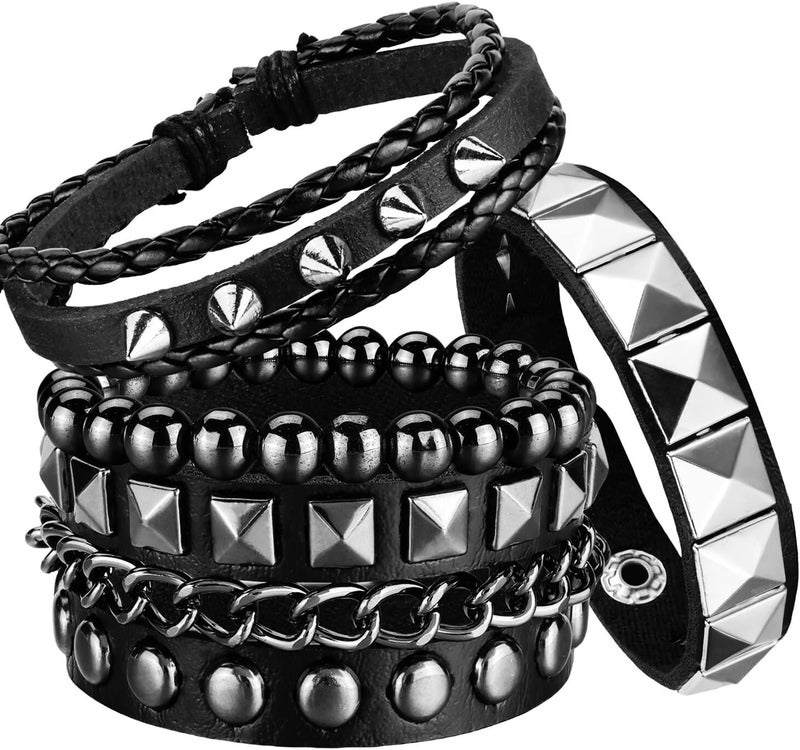 Ulekuke Store 4 Pcs Punk Rock Leather Studded Bracelets for Men Women 80s Gothic Spike Cuff Bracelet Set Emo Accessories for Rocker Outfits - Image 1